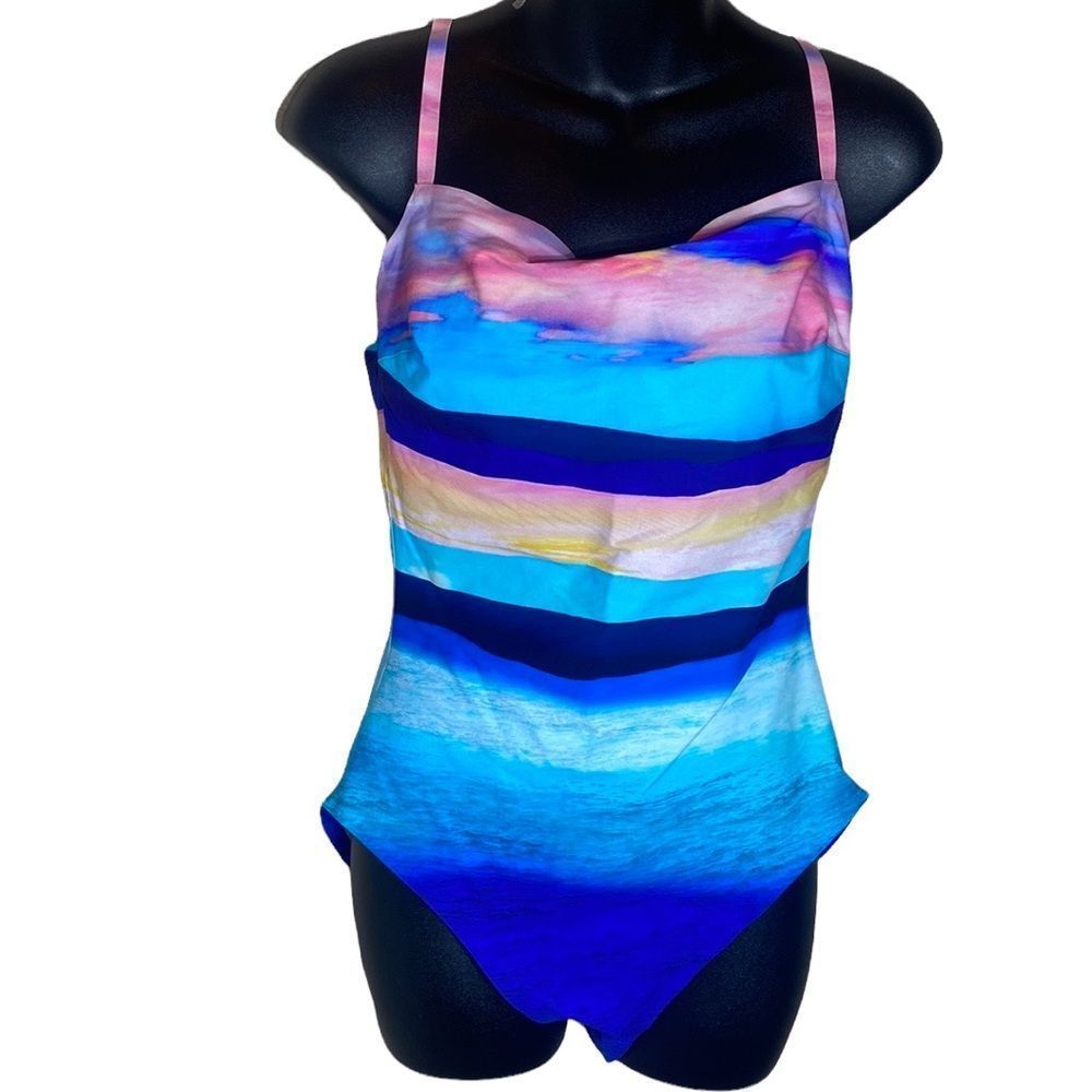 Gottex bathing suit 14 nwot colorful beach sunset /stripes theme.